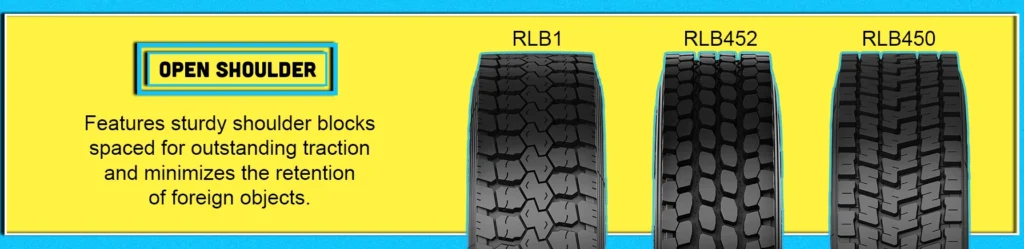 The image showcases a sampling of Double Coin's open shoulder tires, including the RLB1, RLB452, and RLB450. Each tire features distinct tread patterns designed for optimal traction and performance in various driving conditions. The RLB1 exhibits deep grooves and a robust tread design, the RLB452 highlights a unique directional pattern for enhanced grip, and the RLB450 is characterized by its innovative tread design for long-haul and regional applications.