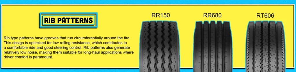 Close-up image of rib pattern tire treads for commercial truck tires, featuring Double Coin's RR150, RR680, and RT606+ models.